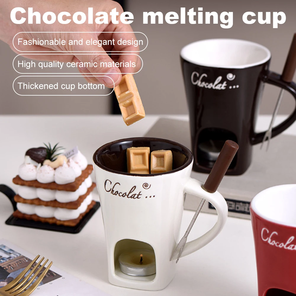 130ML Ceramic Fondue Mug Cheese Chocolate Melting Cup Butter Melt Pot European Candle Cup DIY Food Heating Cup with Fork