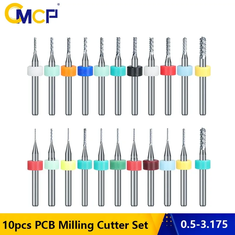 

CMCP PCB Miling Cutter 10pcs Corn Cutter Carbide 0.5-3.175mm For CNC Engraving Machine End Mill 3.175mm Shank