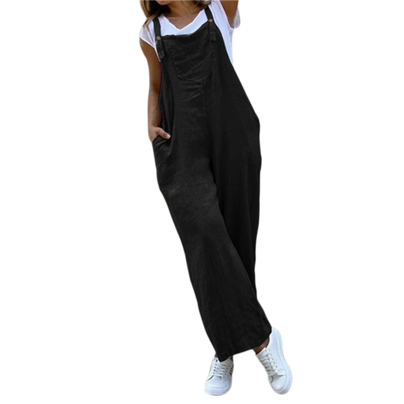 Jumpsuit musim panas untuk wanita warna Solid Jumpsuit celana panjang kasual saku kancing kaki lebar tali Jumpsuit longgar baju monyet overall