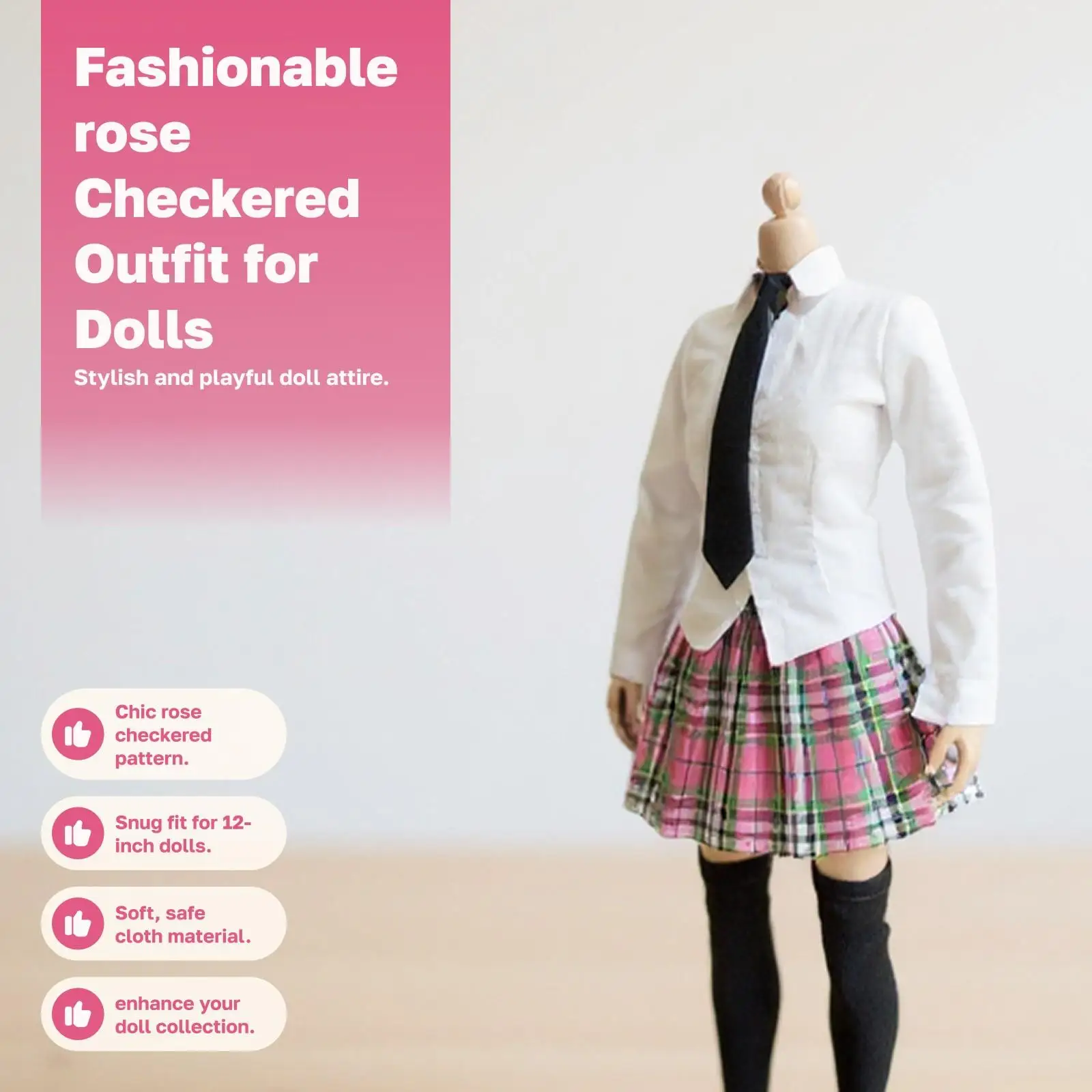 

1:6 Студенческая форма, клетчатая юбка, рубашка, чулки с завязками для 12 дюймов