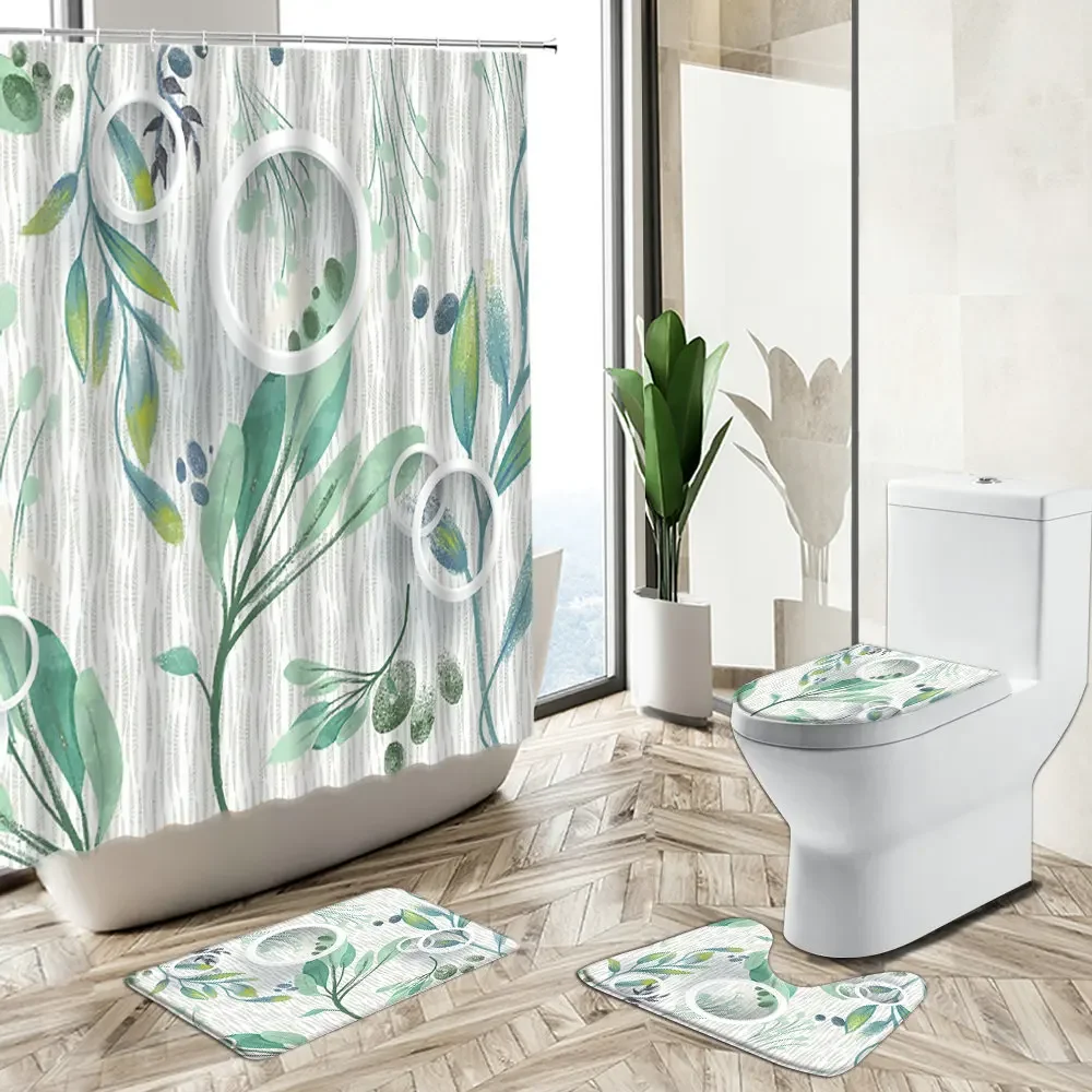 Green Plants Rattan Leaves Shower Curtain Rural Watercolor Art European Style Decor Bath Mat Toilet Cover Bathroom Carpet set