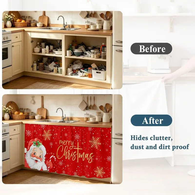 VIKAMA Cabinet Curtain Christmas Santa Print Dresser Curtain for Shoe Cabinet Shelf Home Holiday