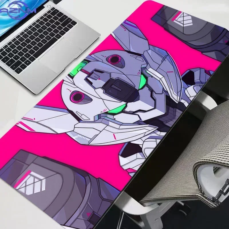 Bright Pink Backdrop White Sci-fi Mecha Large Mousepad, Rubber Base Extended Desk Mat, Non-Slip Waterproof Keyboard Pad for Gami