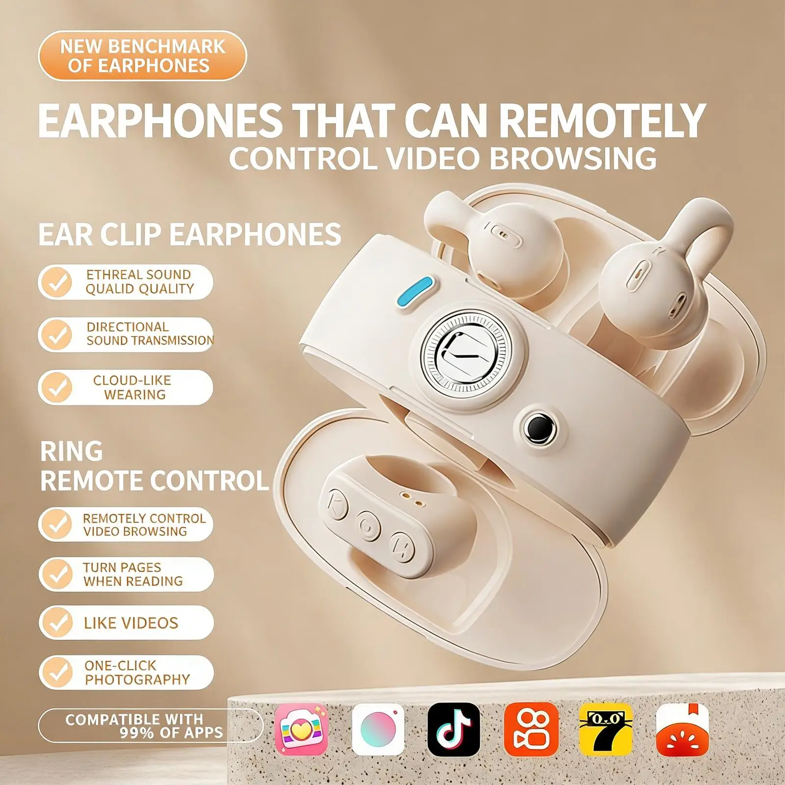 

Новые Bluetooth-наушники-клипсы и пульт-кольцо 2-в-1: стерео-музыка, перелистывание страниц TikTok, съемка фото и видео