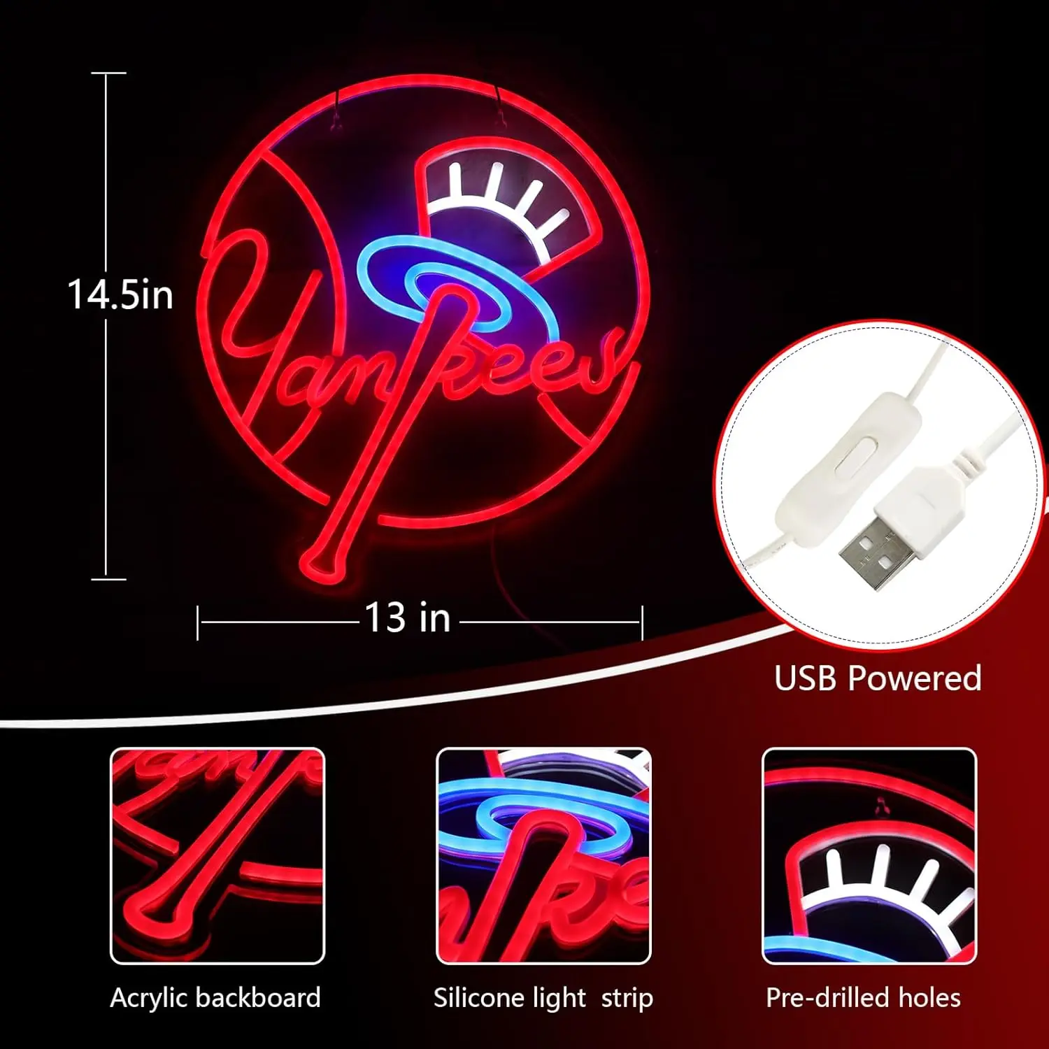 YANKEES Neon Signs for Wall Decor，Baseball Team Neon Lights for Bedroom，LED Signs Suitable for Man Cave，5V Power