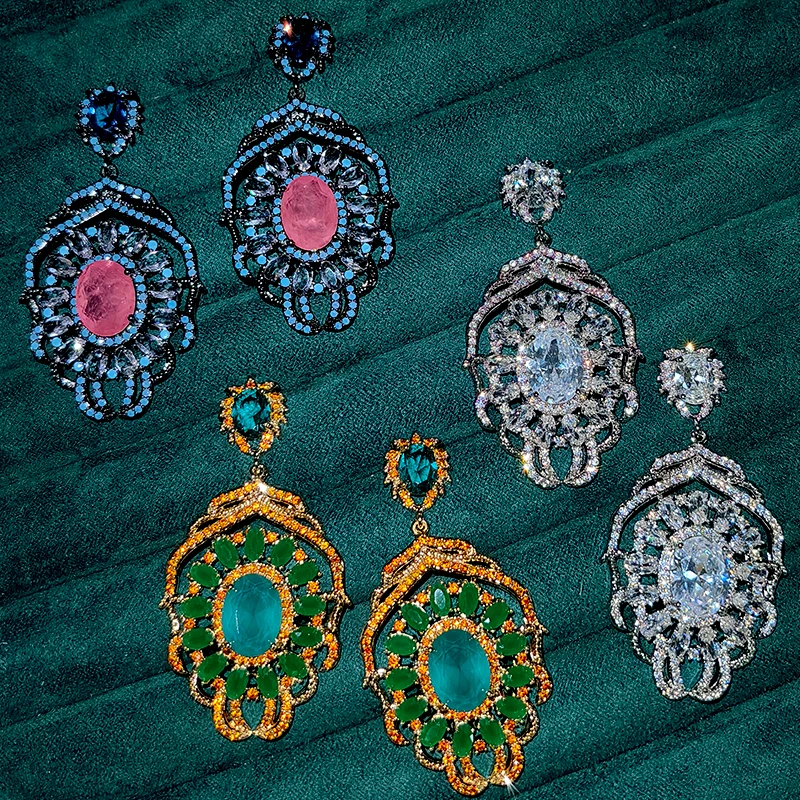 

cubic zirconia Chandelier Earrings for women vintage Statement dangle Earrings blue green white opulent Jewelry for Party
