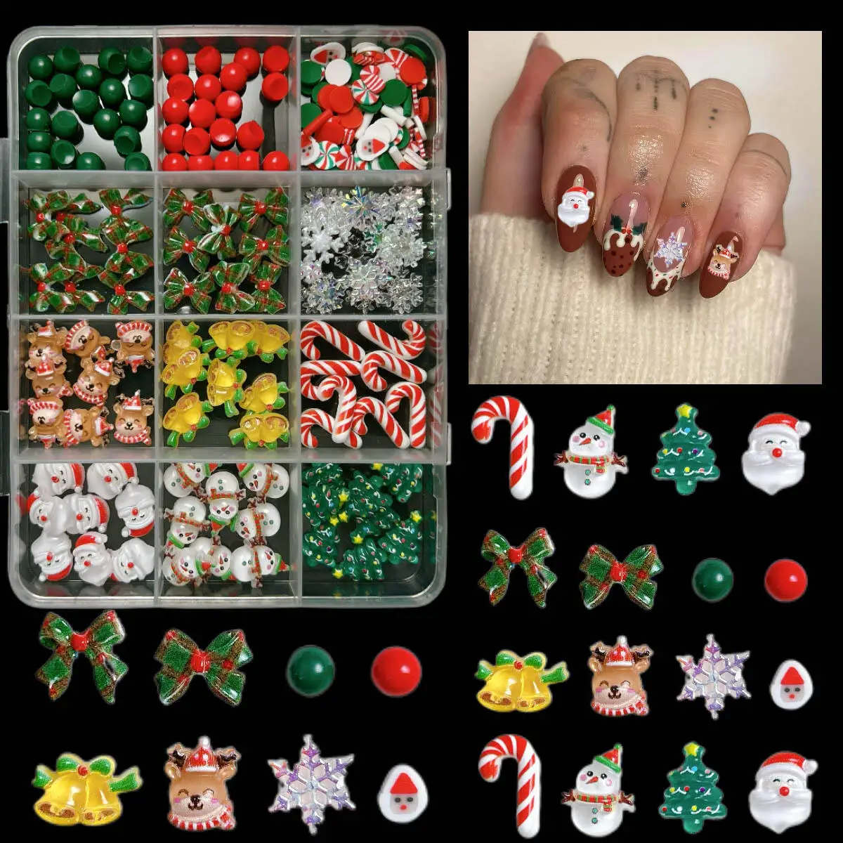 

1 Box Christmas Series Resin Nail Charms Cute Cartoon Santa Claus Bell Tree Bow Nail Art Decoration Manicure DIY Accessories