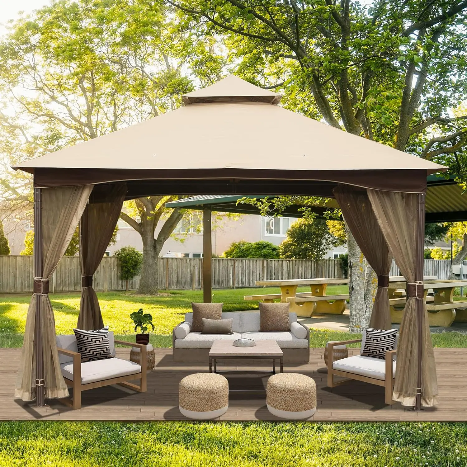 10' x 13' Outdoor Canopy with Mosquito Netting, Double Roof Soft Top Gazebo Pergola,  Backyard, Garden, and Lawn