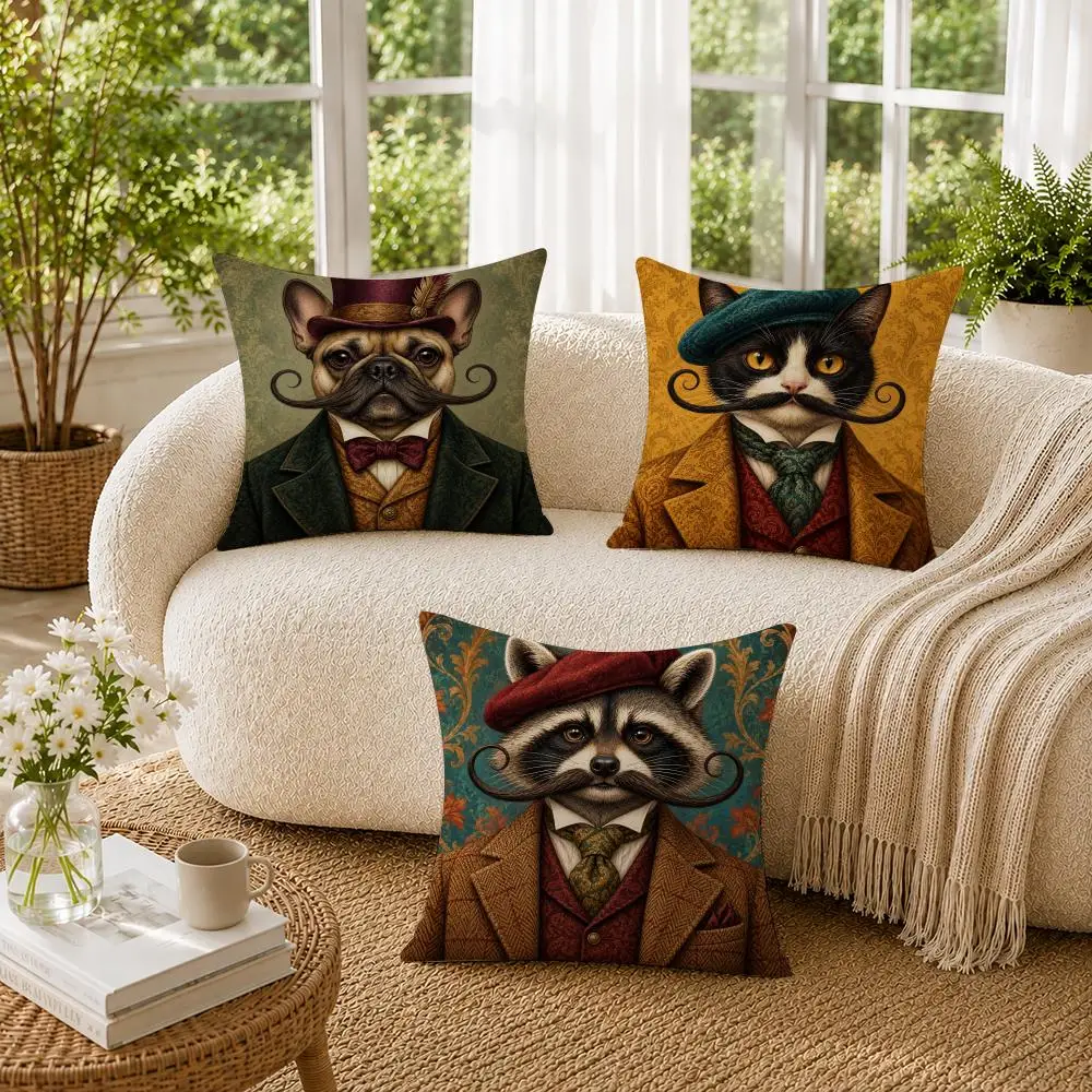 Victorian Animal Whimsical Gentleman Portrait Cushion Cover Double-Sided Plush Sofa Cushion Covers Breathable Invisible Zipper