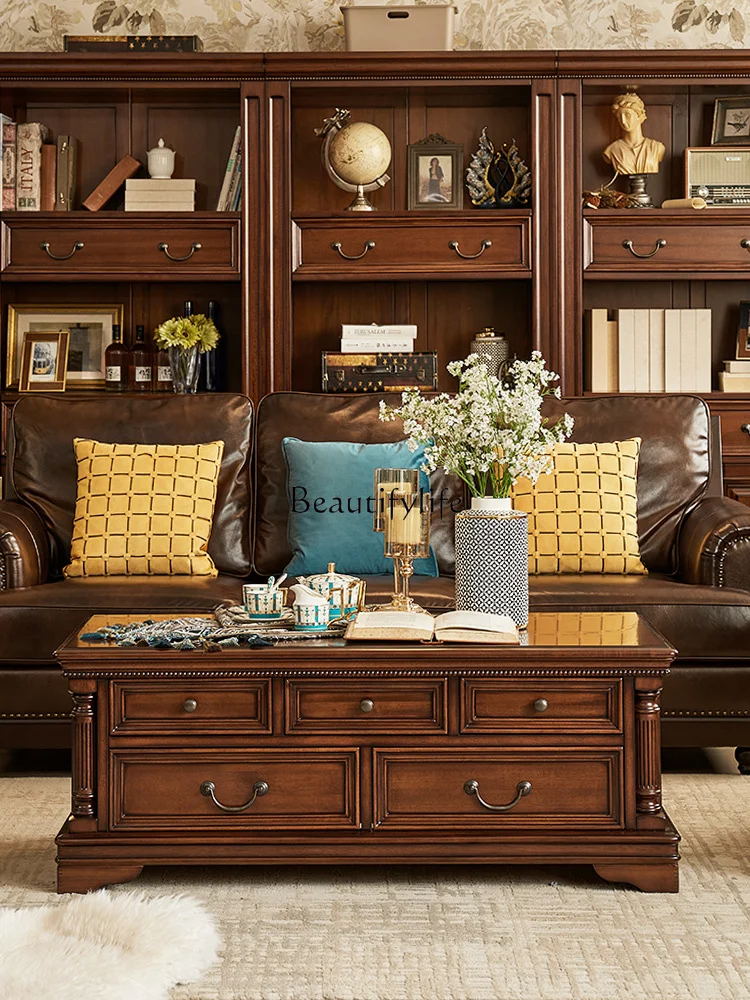 

05-American neoclassical gold silk teak all solid wood long coffee table