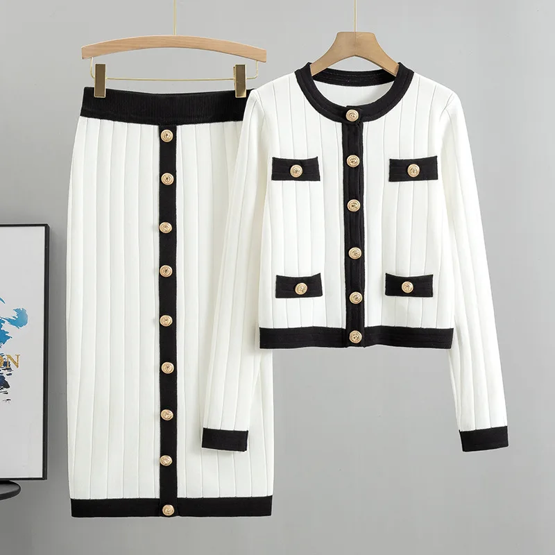 Maglia due pezzi donne musulmane Ensemble Cardigan lavorato a maglia cappotto bottoni tinta unita gonna lunga abito Casual gonne a maglia abiti