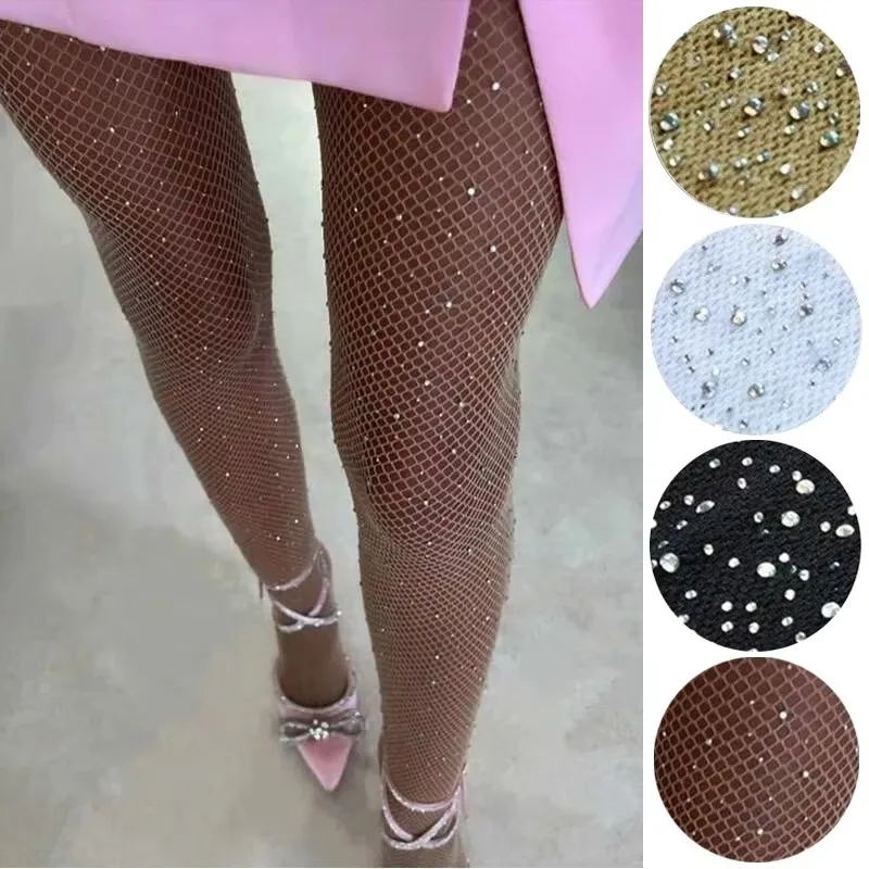 Medias sexis con diamantes para mujer, medias de malla ostentosas con diamantes de imitación, pantimedias de cintura alta con red de pescado brillante, medias negras para fiesta y Club