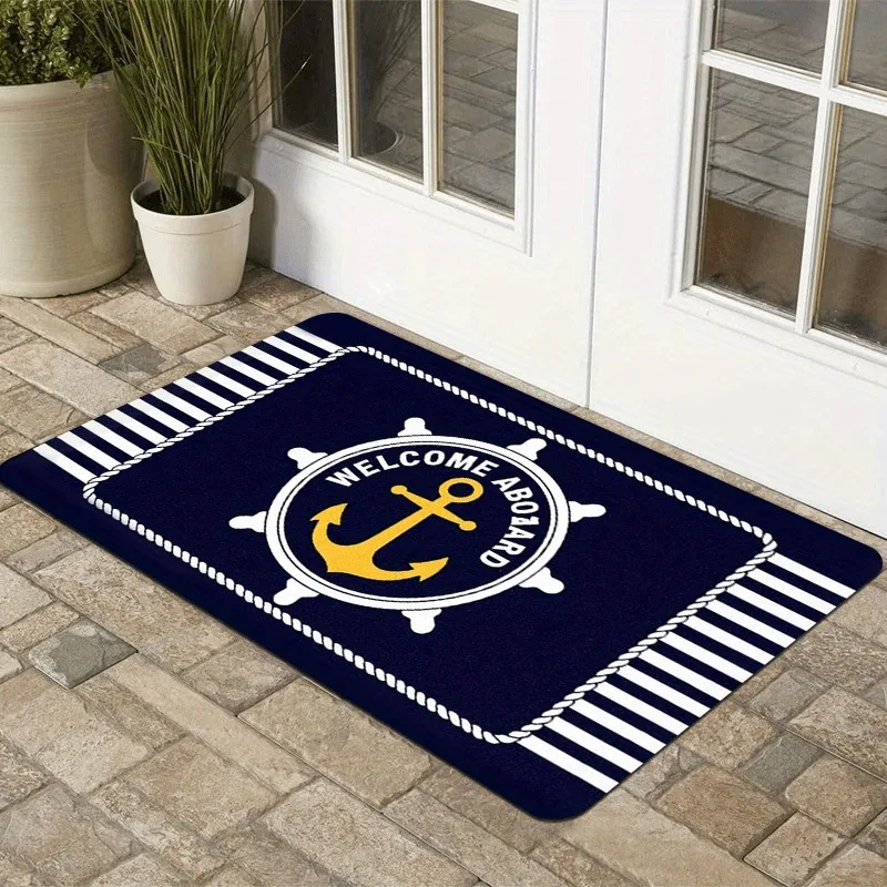 Nautical Welcome Aboard Doormat Anchor Ship Wheel Entrance Mat Navy Striped Anti Slip Front Door Floor Rug
