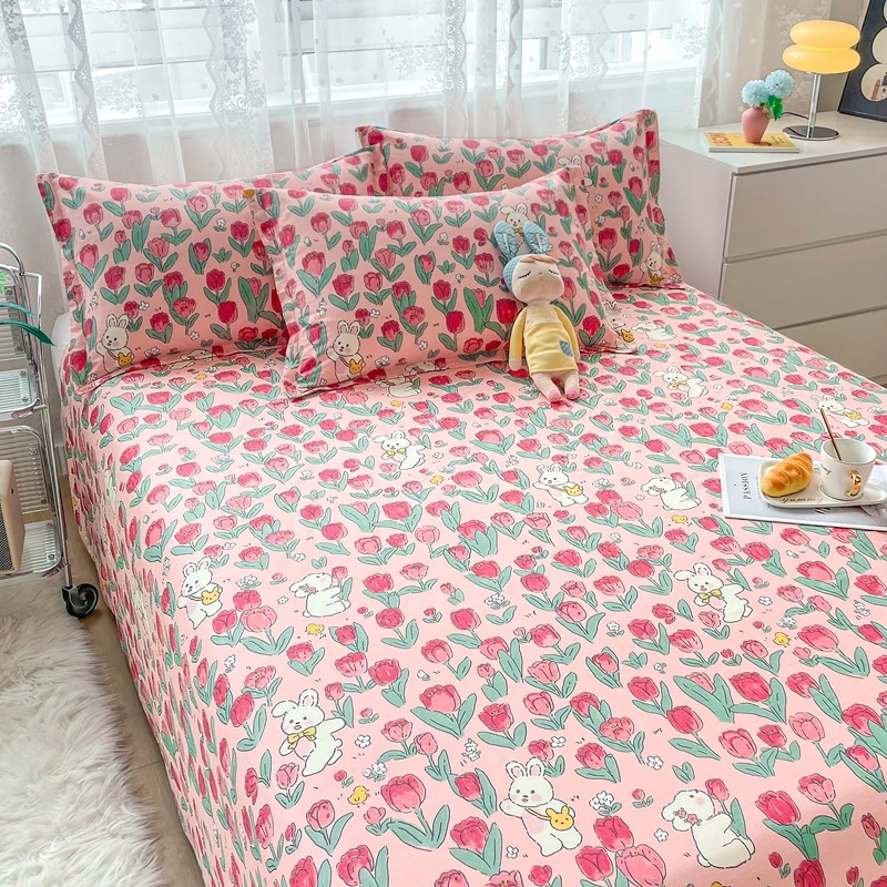 

3Pcs Pink Flowers Bed Sheet Set Cute Rabbit Pure Cotton Bed Lien for Kids Girls Bedroom Decor Skin-friendly Soft Bedding Set