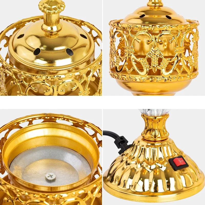 Golden Electric Incense Burner, Arabian Style Electric Incense Holder, Middle Eastern Tabletop Decorative EU Plug Retail