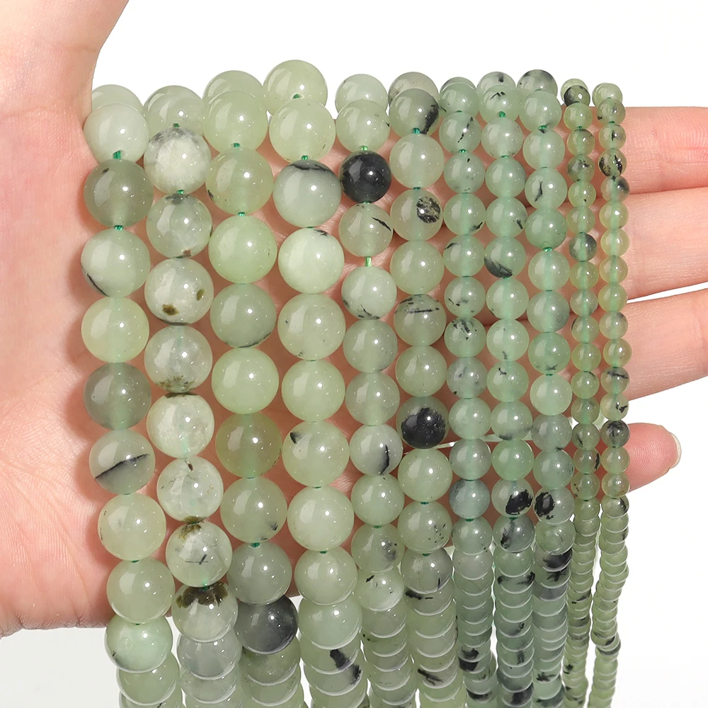 Jewelry Making Gemstones - ลูกปัดหินพรีไนต์สีเขียว ขนาด 4/6/8/10 มม. จำนวน 35-90