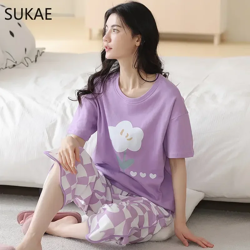 SUKAE 100% Cotton Woman\'s Capris Pajamas Sets Short Sleeves Calf-length Sleepwear Summer Quarter Pants Homesuits Woman Pijamas