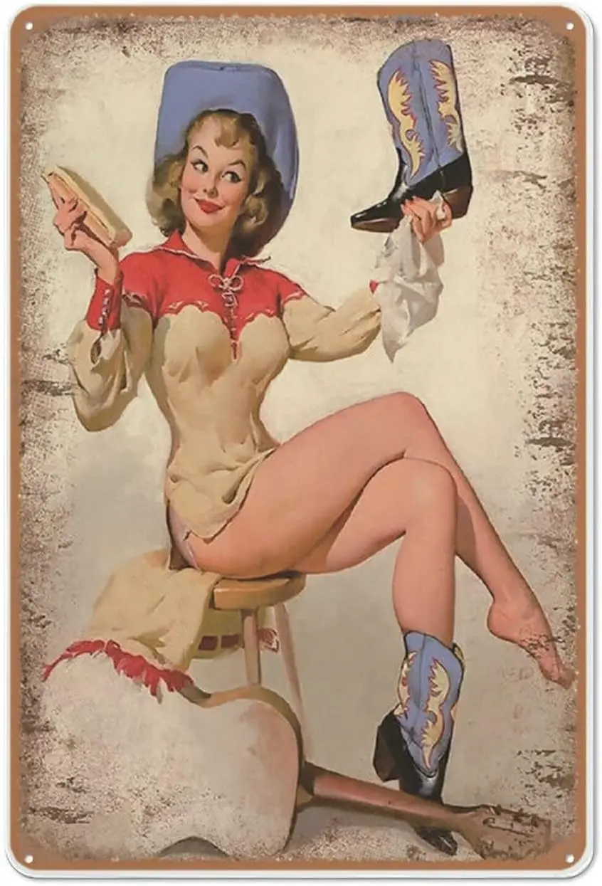 Boot Shine Pin Up Cowgirl Guitar Retro Vintage Style Metal Sign Poster,Sexy Girl Wall Art,Vintage Garage Metal Sign for Man sign