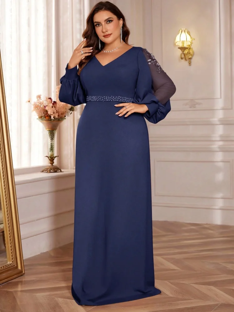 Abiti da sera formali con paillettes applicati a maniche lunghe blu con scollo a V di lusso taglie forti Abiti da cocktail maxi per feste di nozze con scollo a V da donna