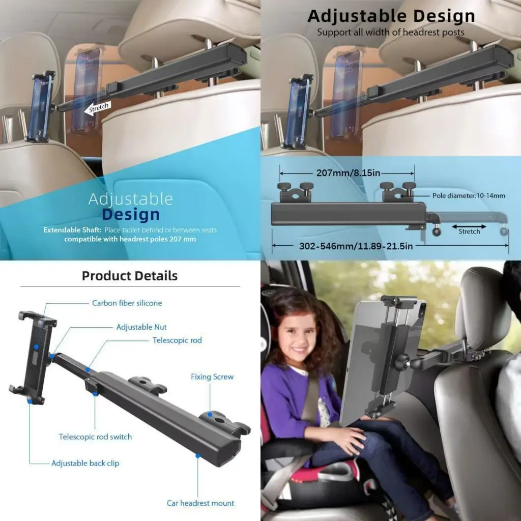 

896F Universal Adjustable Car Headrest Tablets Mount with 360 Degree Rotations Ball Head for Secure Device Holding During Travel