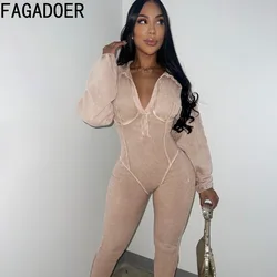 FAGADOER moda katı yüksek kalite Ribber Bodycon tulumlar kadınlar V boyun uzun kollu ince oyun kadın esneklik tulum