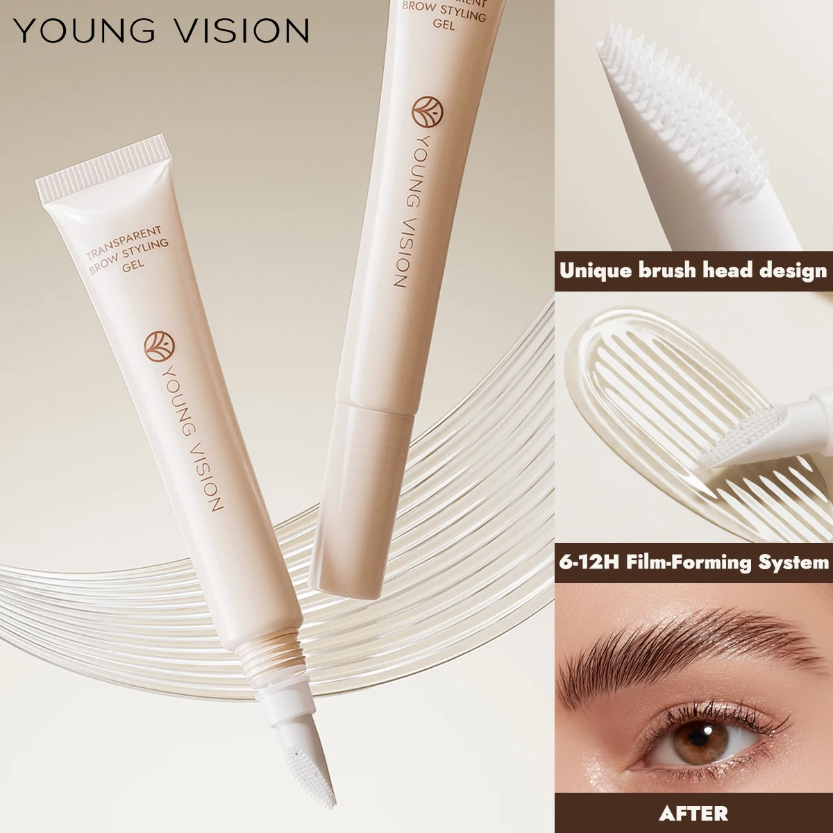 YOUNG VISION Gel à sourcils transparent avec tête de brosse intégrée pour un coiffage durable et un gel à sourcils fin