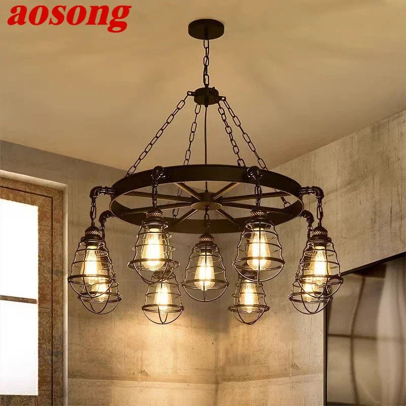 AOSONG American Retro Pendent Lamp Industrial Wind Living Room Restaurant Loft Clothing Store Cafe Bar Box Homestay Chandelier