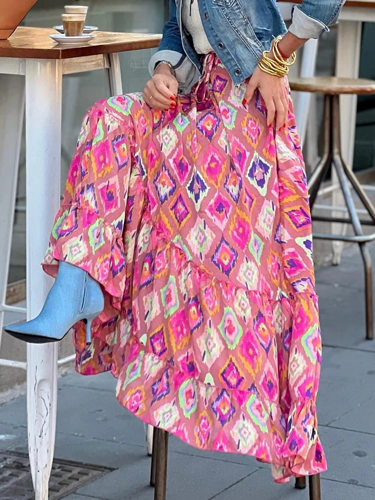 

2023 Summer Elegant Women Holiday Skirt Casual Loose Streetwear Ruffles Long Skirt Patchwork Streetwear Femme Floor-Length Skirt