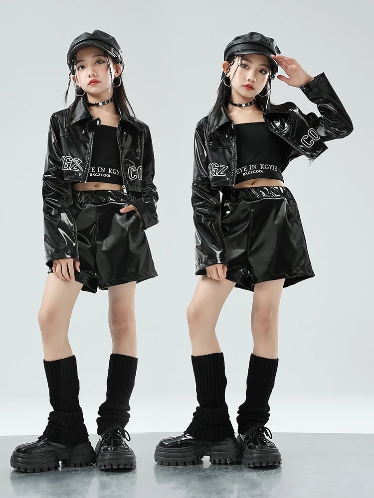 Disfraz de baile de Jazz para niñas, abrigo de ombligo de cuero negro, Falda de baile de porristas, ropa de actuación, ropa de escenario Kpop, BL13433