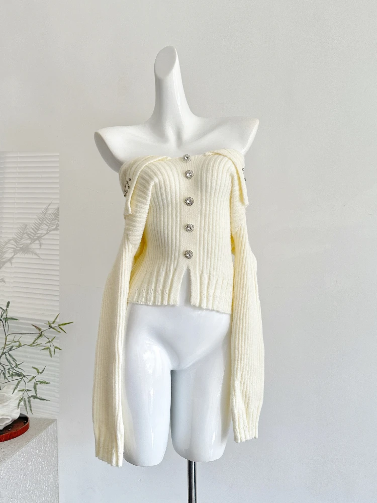 

New 2025 Elegant Fashion Off Shoulder Knit Tops Women Long Sleeve France Sexy Chic Sweaters Autumn Solid Knitting Slim Clothes