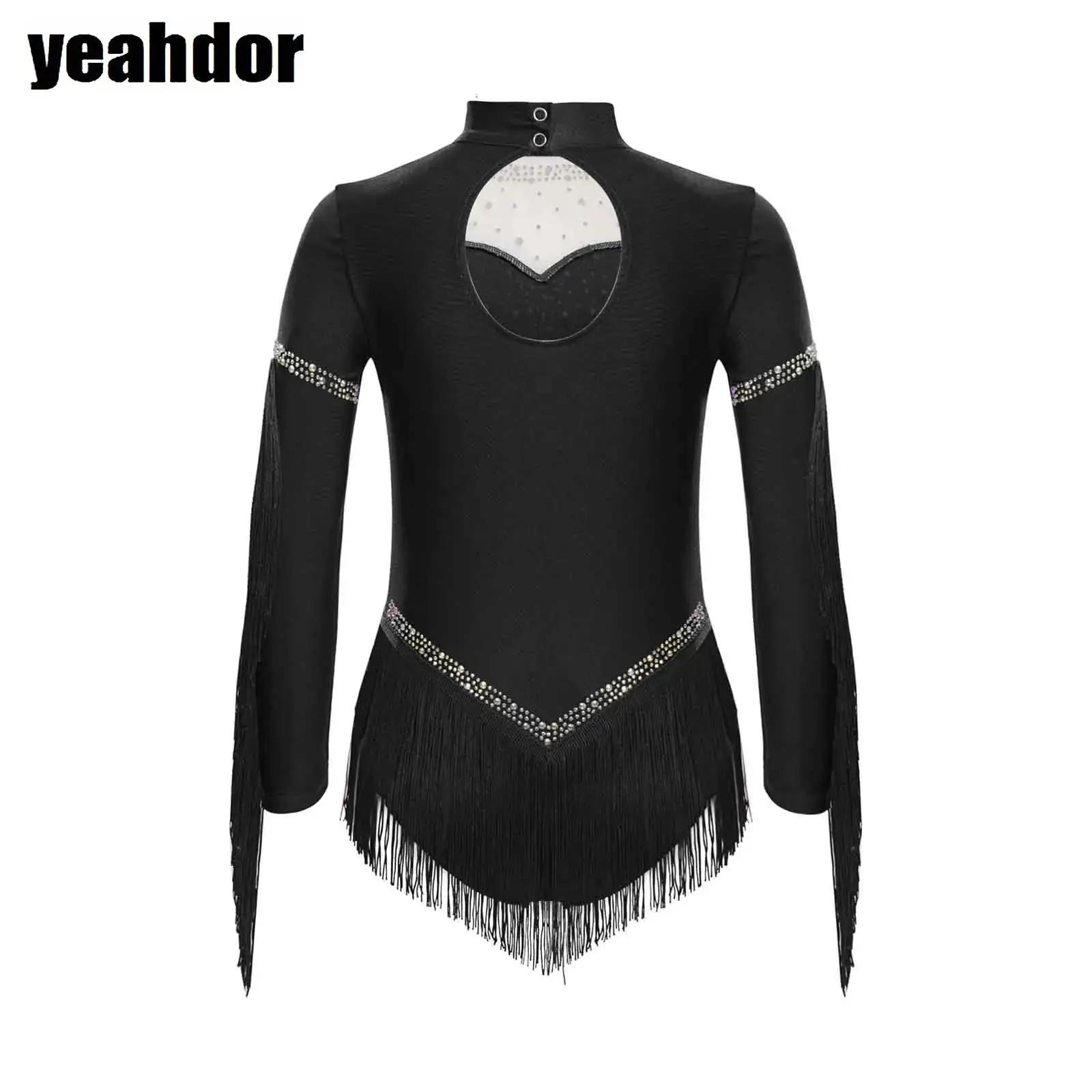 

Girls Latin Dance Leotard Dress Long Sleeve Rhinestones Tassels Cha-Cha Tango Samba Dancewear Ballet Gymnastics Skating Costumes