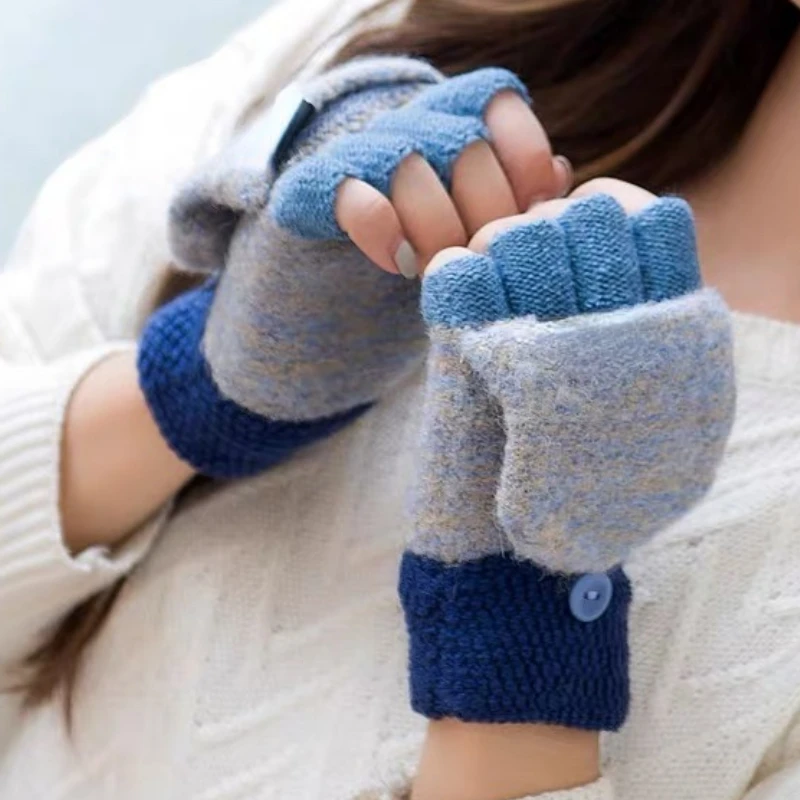 

Fingers Free Wool Gloves Women Knitted Flip Fingerless Exposed Finger Thick Gloves Mittens Winter Warm Thickening Women Glove