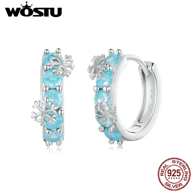 WOSTU 925 Sterling Silver Ice Blue Flower Zircon Hoop Earrings For Women Beauty Snowflake Ear Buckle Pendientes Winter Jewelry