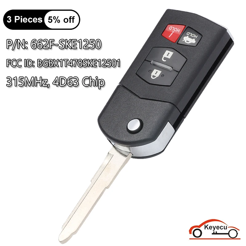 KEYECU 4 Buttons 315MHz 4D63 Chip for Mazda 3 6 Miata MX-5 2006-2015 Flip Remote Key Fob 662F-SKE12501 FCC ID: BGBX1T478SKE12501