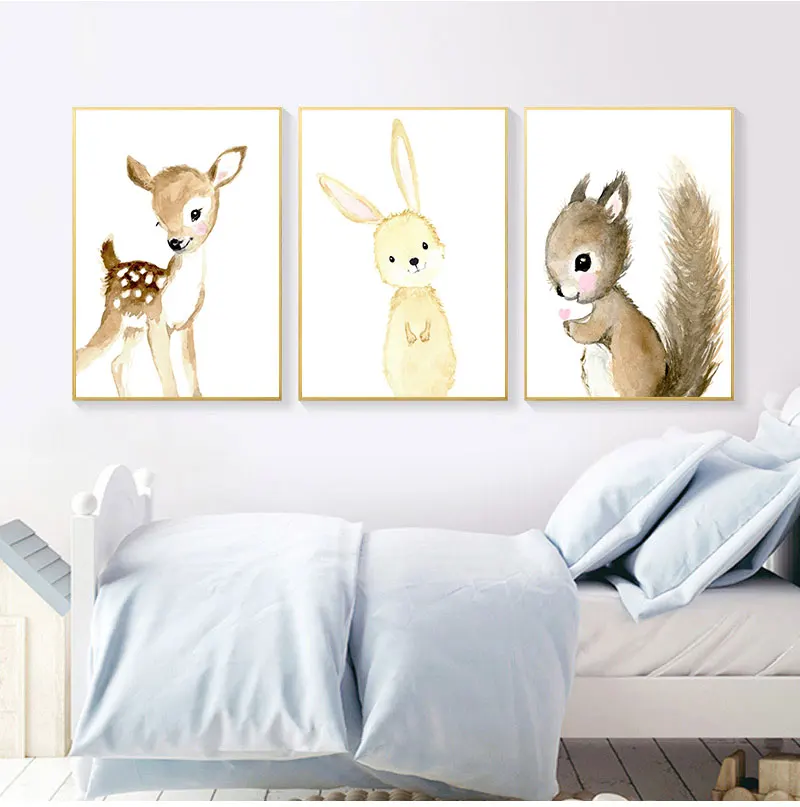 Nursery Woodland Wall Art  Rabbit Deer Canvas Painting Baby Animal s and Prints Neutral Squirrel Pictures for Living Room