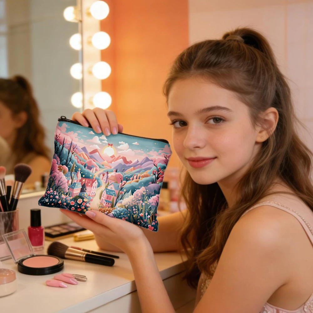 Whimsical Fairy Tale Town Cosmetic Bag, Pastel Mountain Village Print, Cute Zipper Makeup Pouch For Women