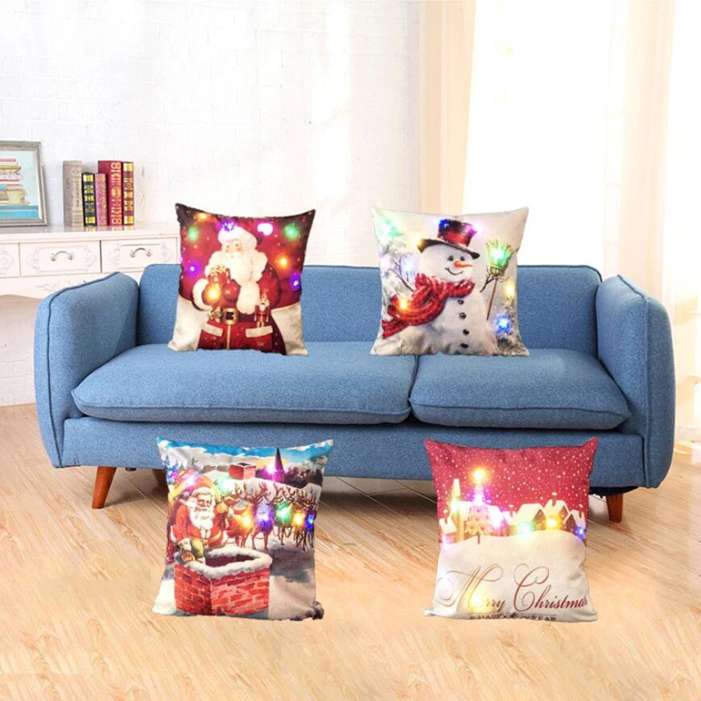 

Bright LED Christmas Pillow Cover Flax Invisible Zipper for Holiday Event Home Decor