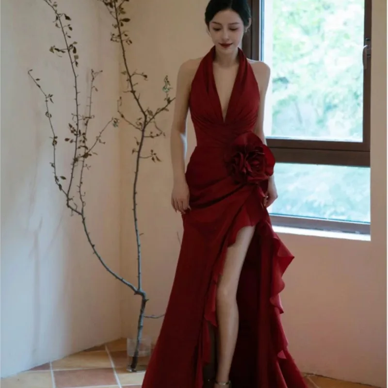 Wine red style hanging neck toasting dress with slit morning gown