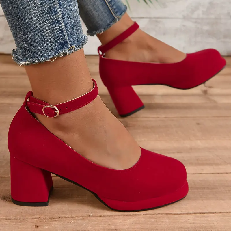 

Retro Lady Spring Pumps Velour Velvet Red Black Round Toe Platform Mary Janes Shoes Women Big Size 46 47 48 Square Chunky Heels