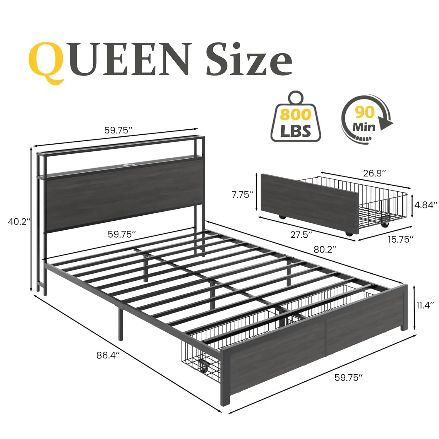 Queen Bed Frame Storage Headboard Metal 2 Drawers Charging Station LED Noise-Free No Box Spring Easy Assembly Grey, Customized