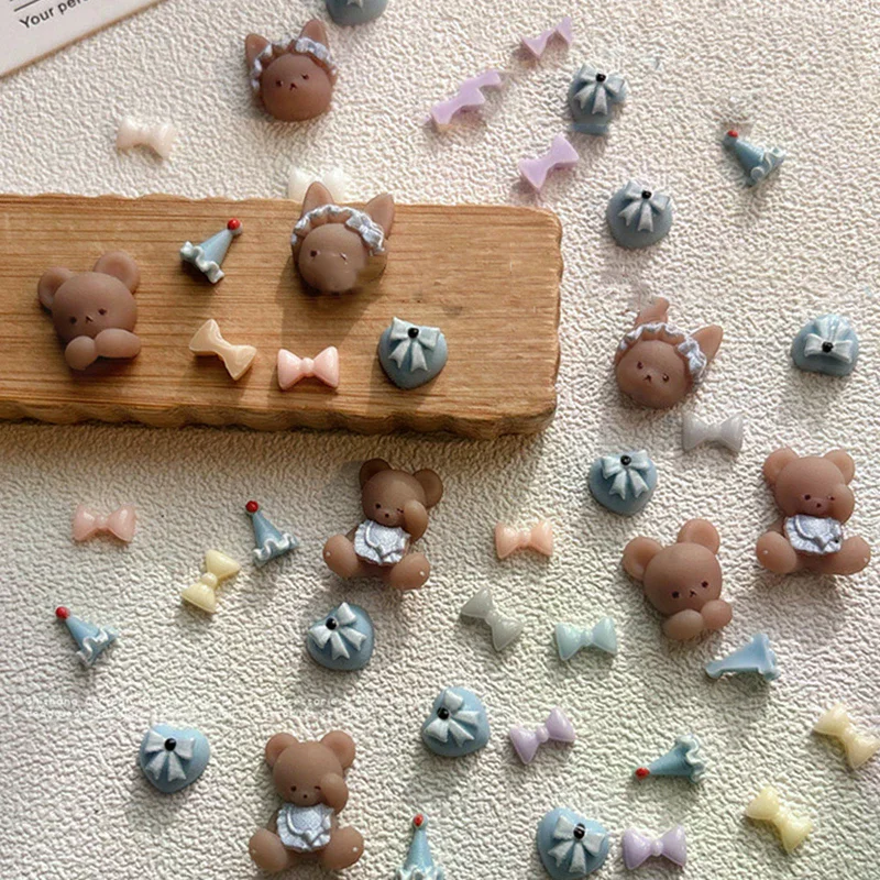 10 pçs avental urso acessórios para unhas bonito dos desenhos animados 3d bowknot usar broca de unhas decoração encantos da arte do prego diy manicure