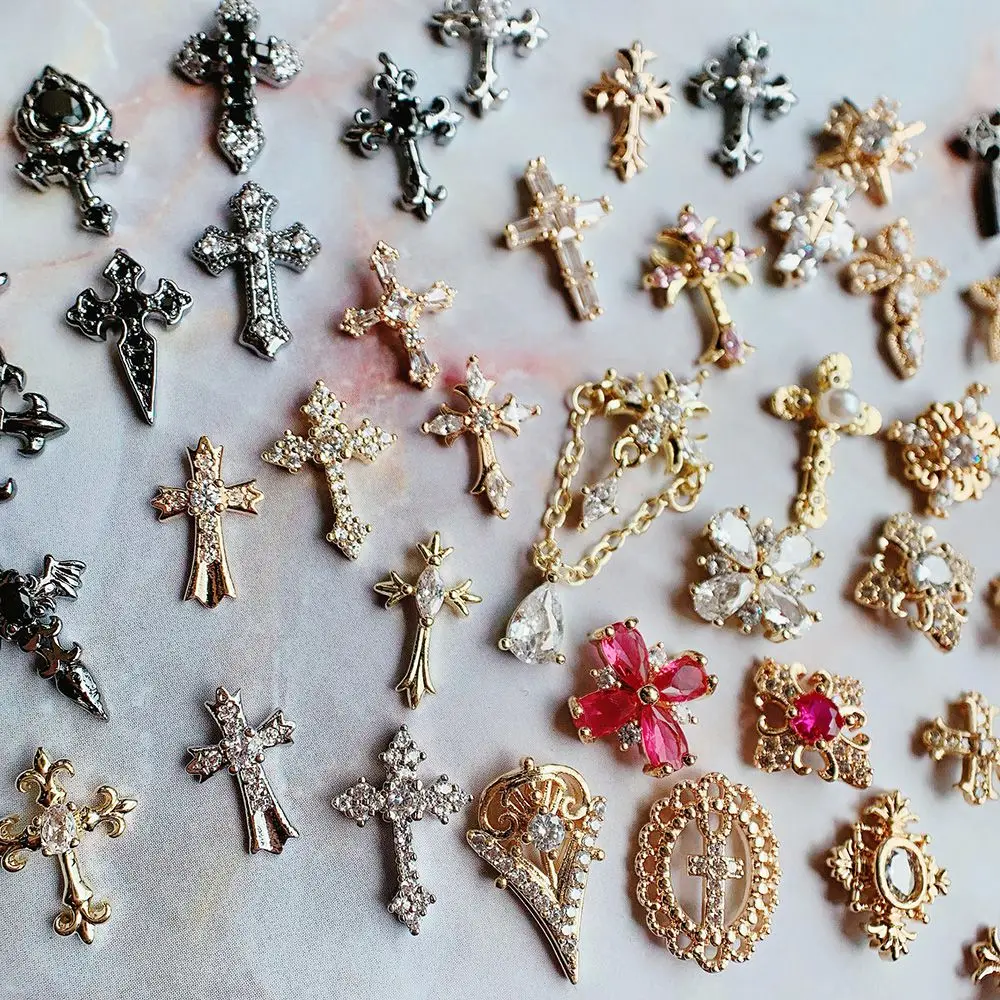 10pcs/lot Luxury Pink Cross Crucifix Flower Nail Art Parts Zircon Crystal Manicure Nails Accesorios Supplies Decorations Charms