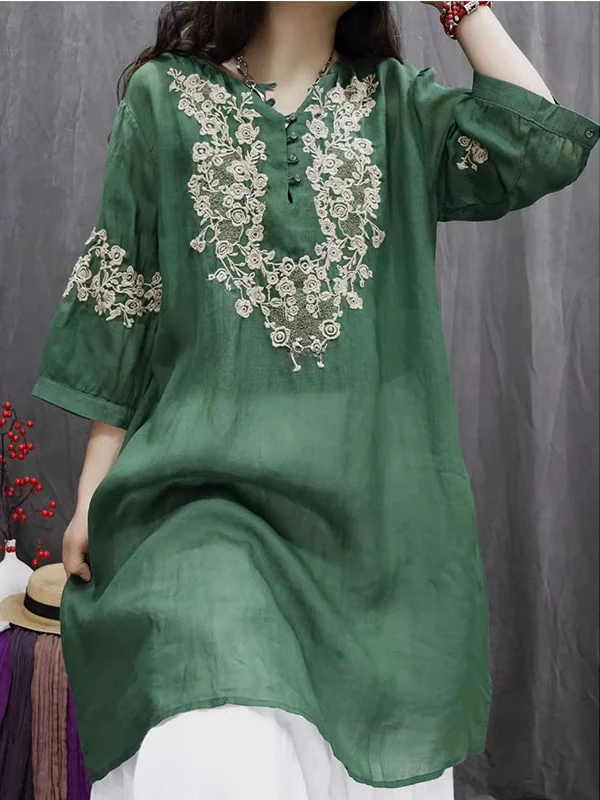 

Retro Cotton Linen Embroidered V-Neck Top Loose Casual Midi Shirt Dress Spring Summer Versatile Comfortable Chinese Style Clo...