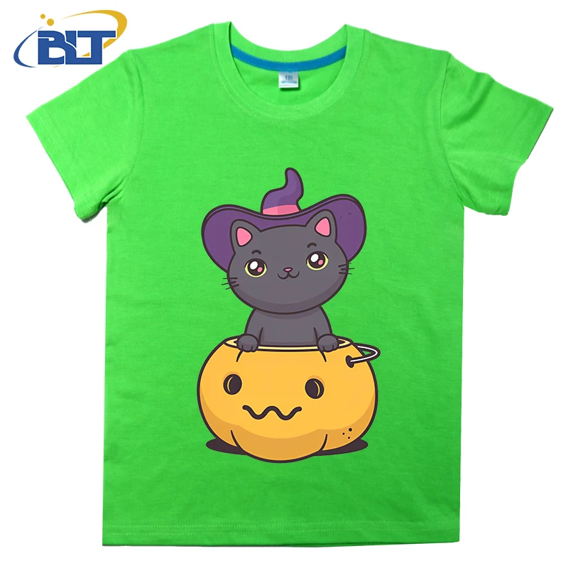 Manga curta t-shirt para meninos e meninas, top de algodão casual, bonito impresso, haloween, verão