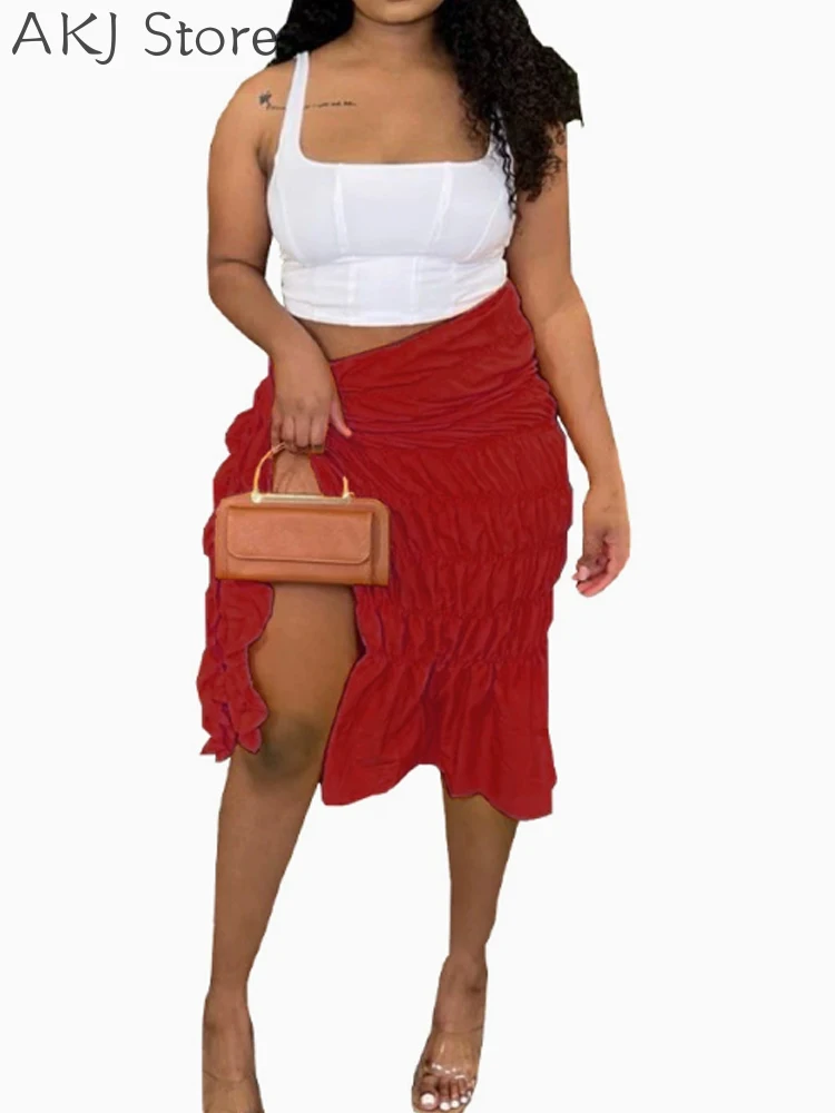 Women Tied Detail Ruched Ruffle Hem High Slit Skirt