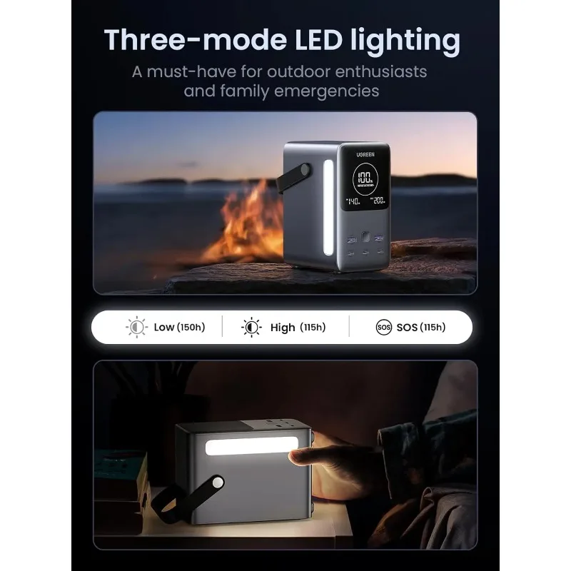 شاحن محمول UGREEN بقدرة 300 وات 48000 مللي أمبير في الساعة مع شاشة رقمية ذكية وإضاءة ووضع SOS، حزمة بطارية مكونة من 5 منافذ بقدرة 153 وات في الساعة