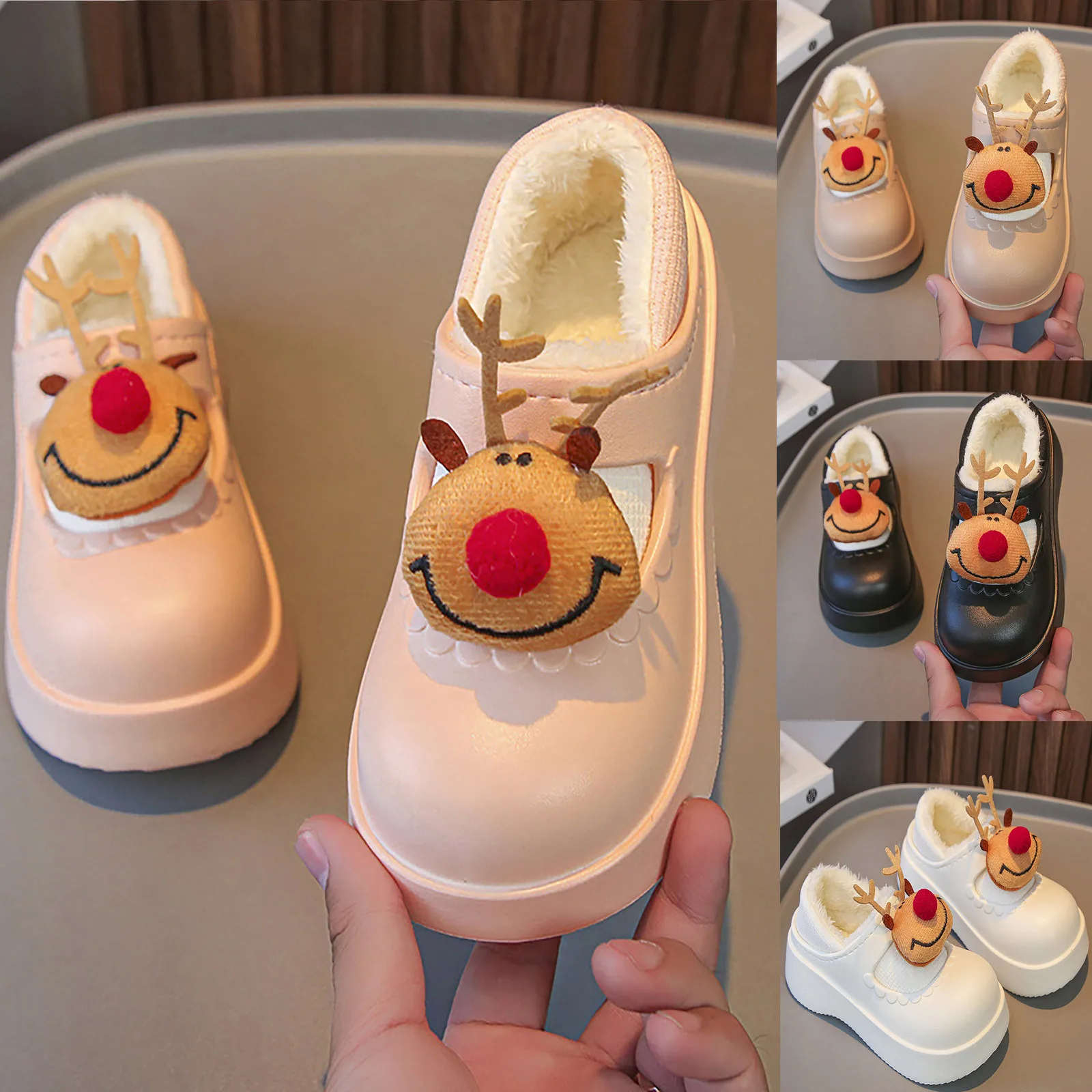 Children Christmas Heels Slipper Flock Cute Shoes Infant Kids Baby Winter Warm Thick Shoes Boy Girl Cartoon Xmas Indoor Slippers