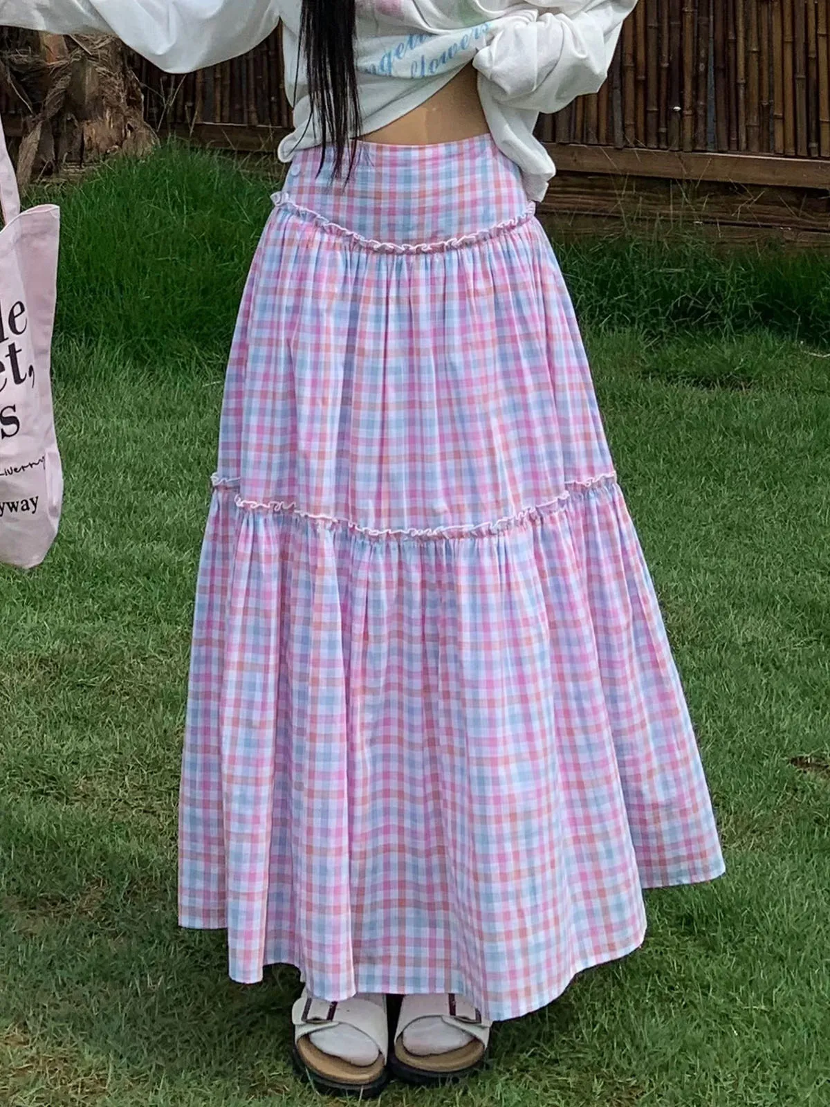 

Нежно-розовая клетчатая юбка-миди А-силуэта с завышенной талией, облегающая, летняя, новинка, повседневная, хлопковая, многоярусная юбка