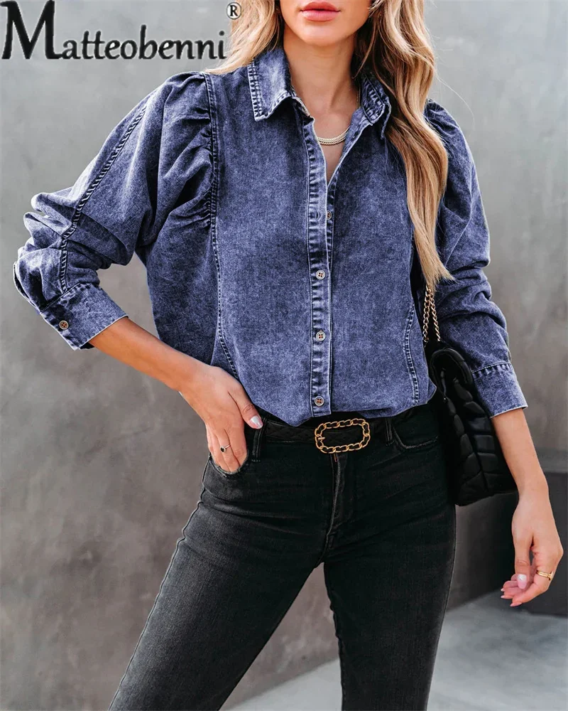 Fashion Lapel Cardigan Denim Shirt Female Spring Autumn Versatile Basic Streetwear Casual Blouse 2024 Vintage Loose Women\'s Tops