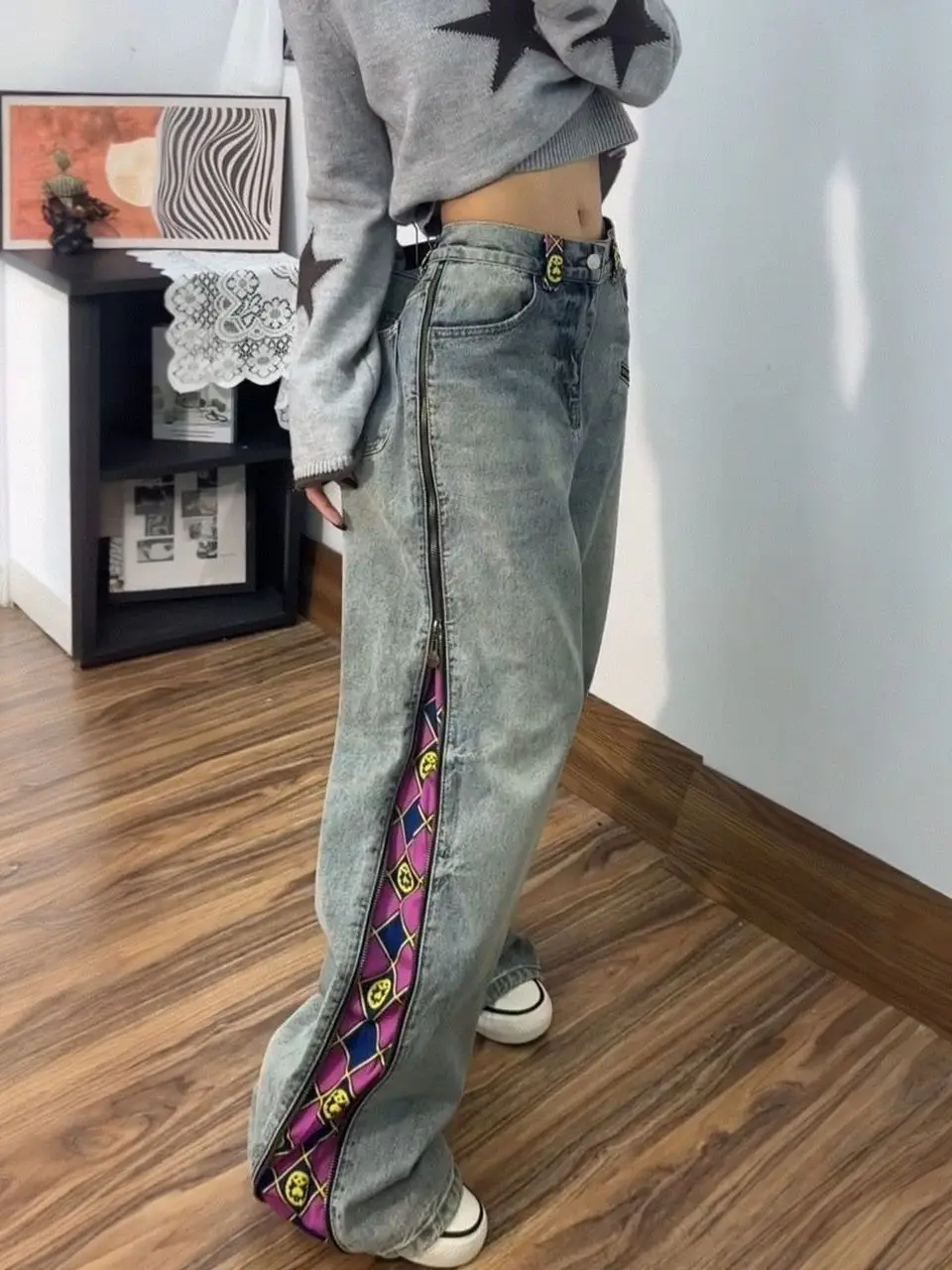المرأة المطبوعة المرقعة فضفاض الجينز مستقيم الساق فضفاضة تناسب الدنيم عالية الخصر الجينز السراويل عادية عالية الخصر السراويل بنطلون